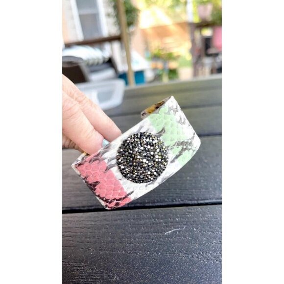 Wide Leather Cuff Bracelet with a Round Rhinestone Accent - Picture 2 of 7